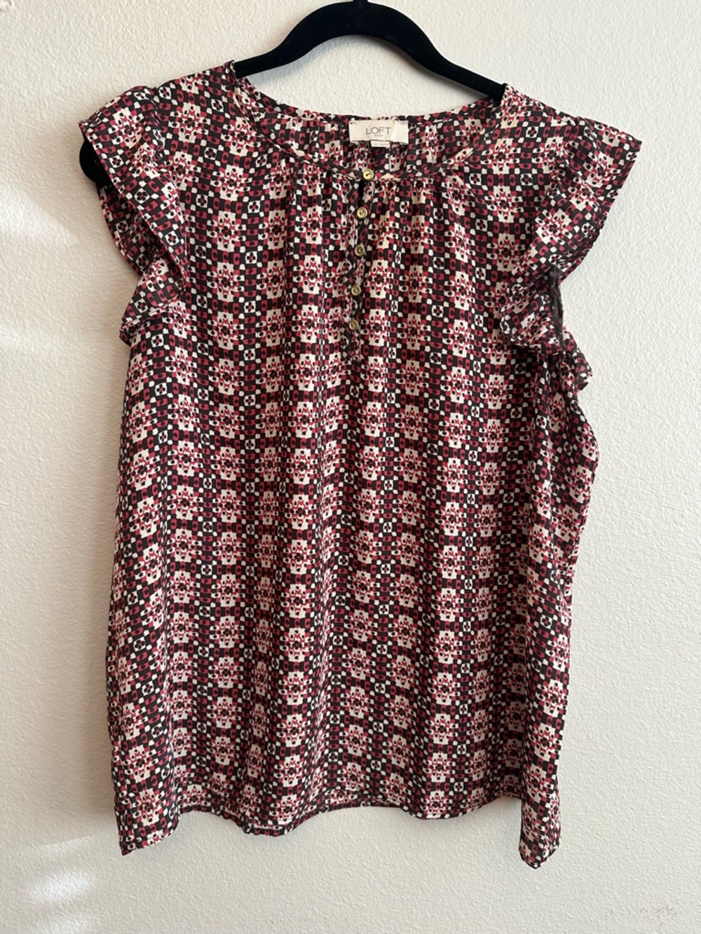 LOFT Burgundy and Pink Geometric Floral Ruffle Sleeve Blouse